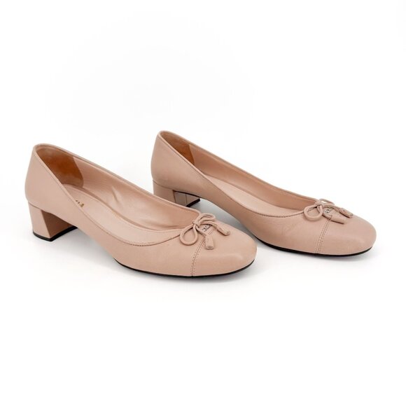 Prada Cap Toe Logo Ballet Pumps Heels Beige Leather Size 40 US 10 Block Heel